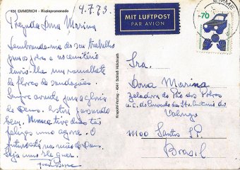 1973: Cartão Postal enviado por Frei Cosme desde Emmerich - Alemanha, para Dona Marina, mãe de Osmarina